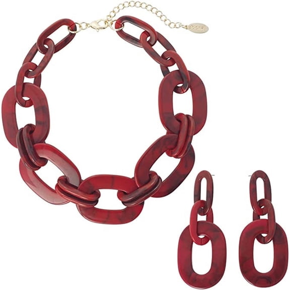 Bocar Acrylic Chunky Statement Necklace for Women Cube Link Chain Collar Necklace and Hoop Earrings Costome Jewelry Set(NK-10667-Ruby Wine)