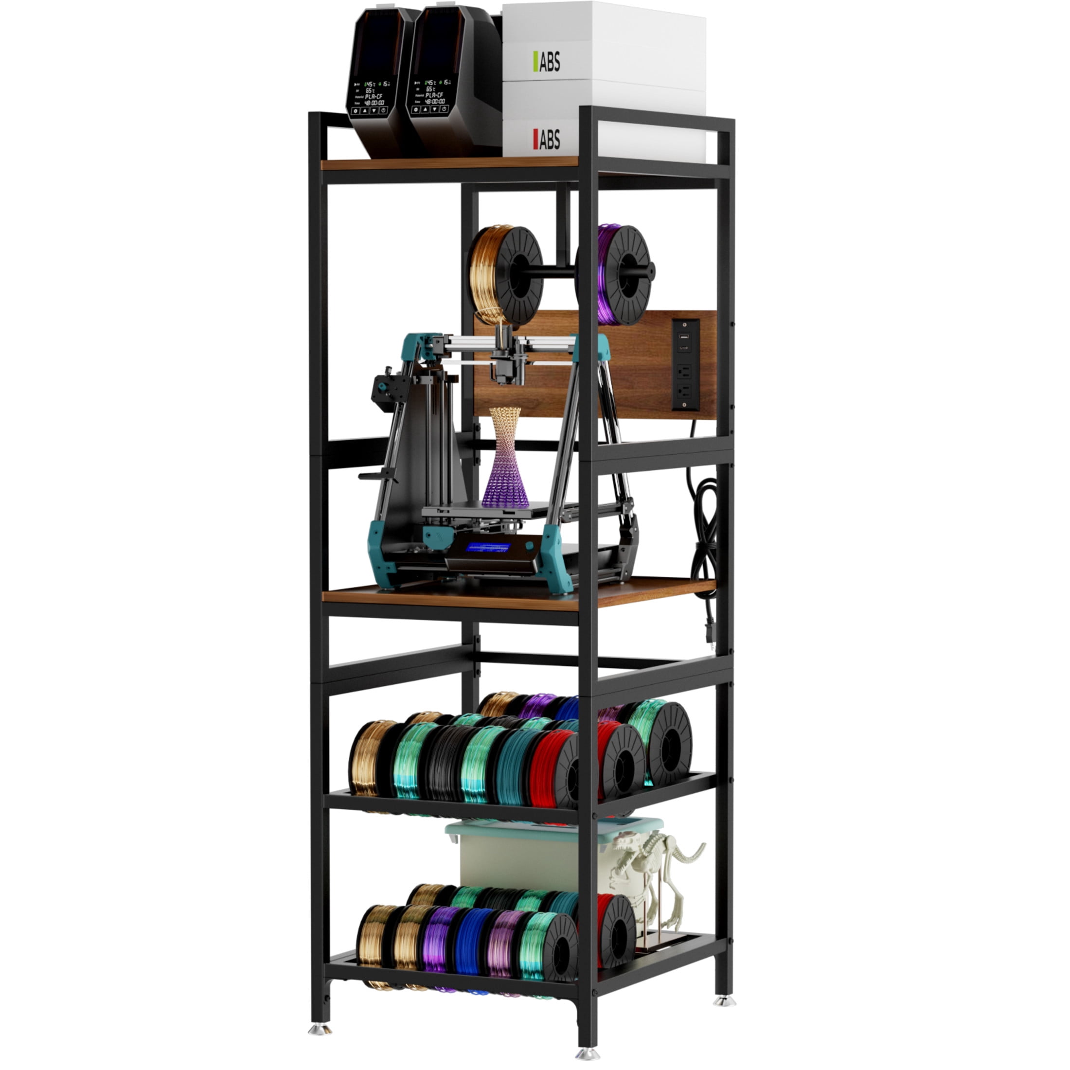 Noble House 3D Printer Stand with Filament Storage, Heavy-Duty Metal Workstation with Power Panel, Black