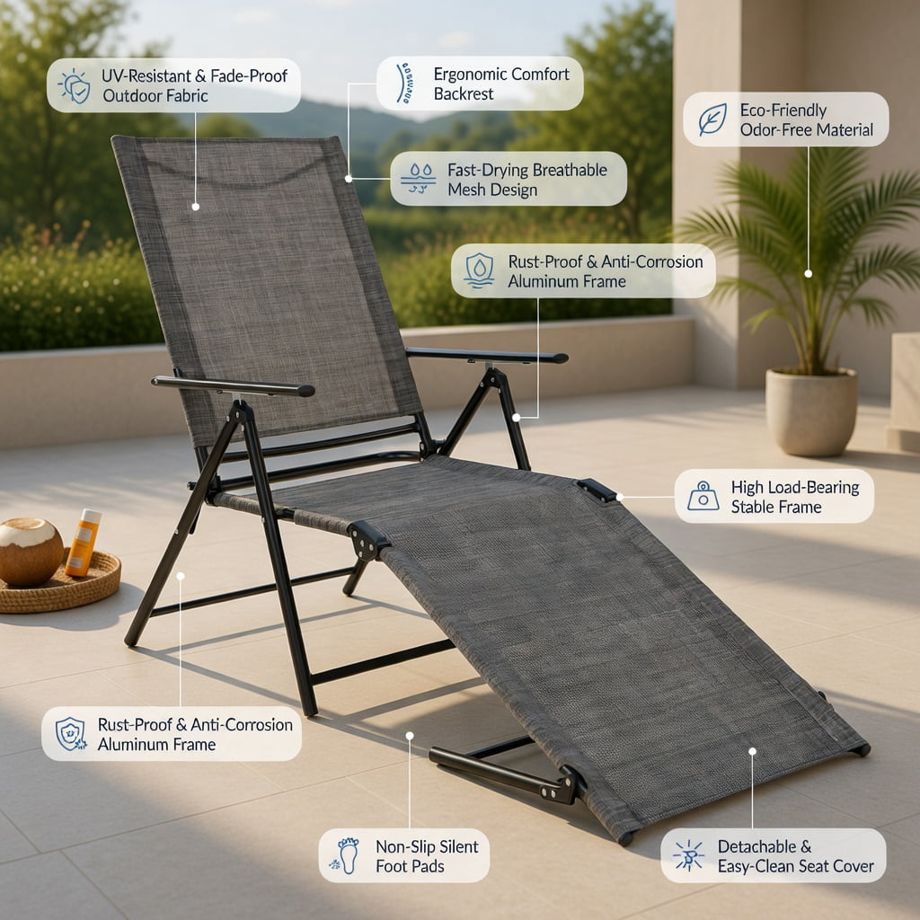 Hommoo Adjustable Folding Patio Chaise Lounge Chair with 6-Position Reclining Backrest, Heavy-Duty Metal Frame, Quick-Dry Fabric, for Poolside, Backyard & Balcony, Coffee