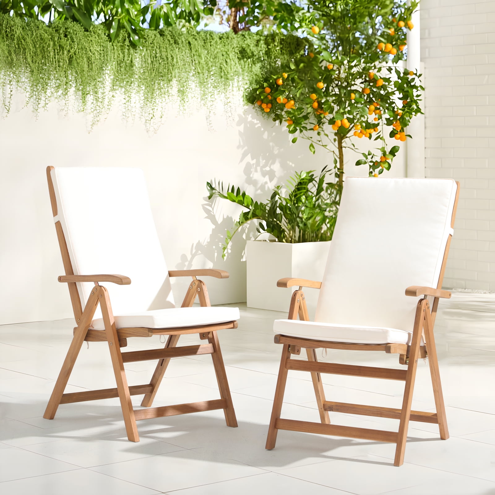 JOIVI Folding Patio Dining Chair Set of 2, Outdoor Acacia Wooden Reclining Chair w/Armrest & Removeable Cushion, FSC Certified Wood, for Porch, Backyard, Garden, Indoor, No Assembly