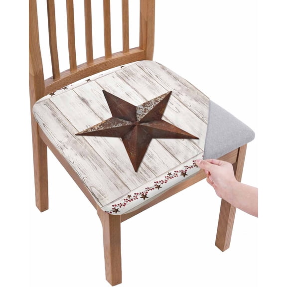 American Country Chair Seat Covers for Dining Room Stretch Chair Seat Covers Set of 2, Farmhouse Barn Star Brown Berry Chair Seat Protector Cushion Slipcovers for Kitchen Restaurant Office