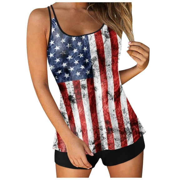 LPKRT Women Independence Day Tankini Set - High Waist Bikini With Removable Pads, Patriotic Swimsuit(Red-S)