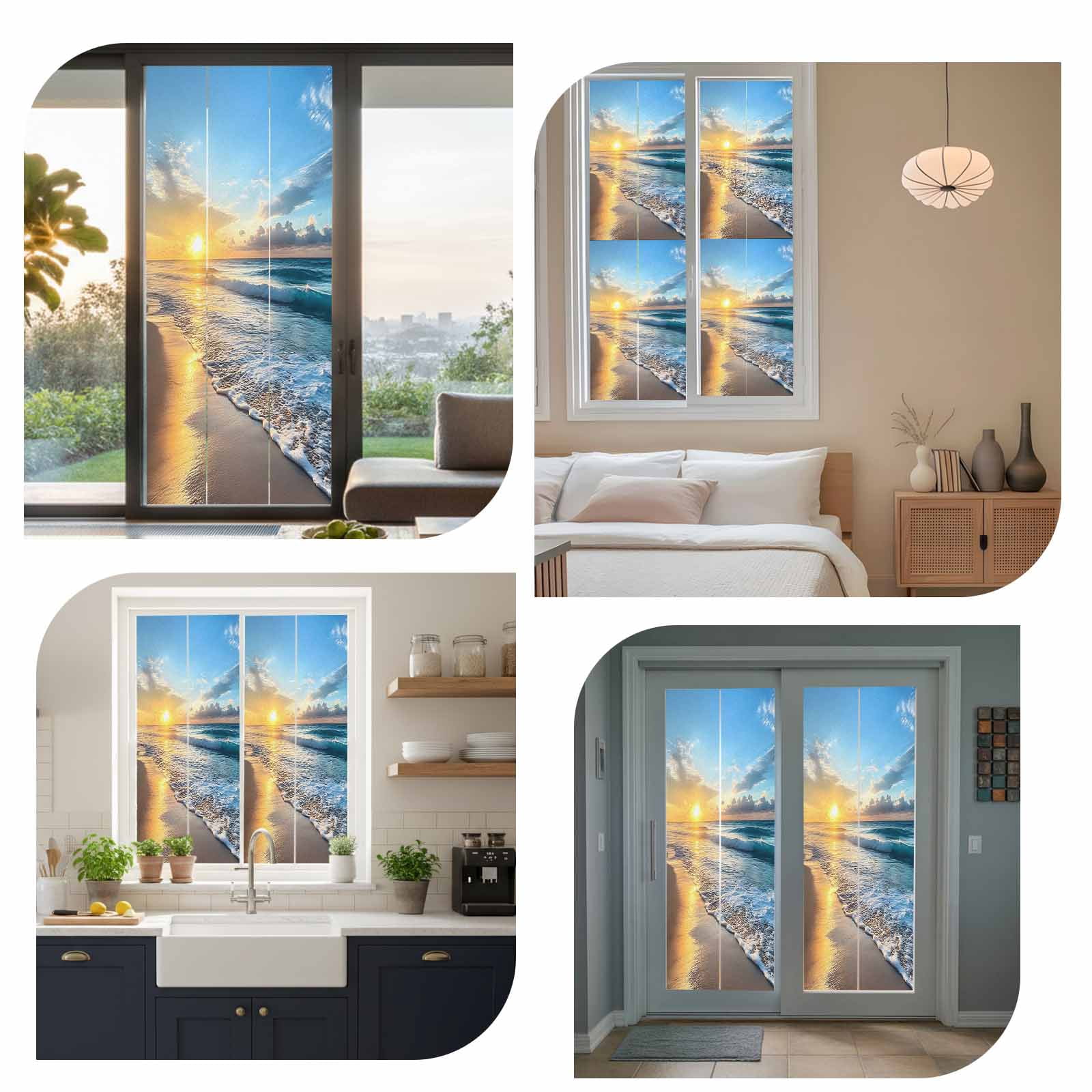 Summer Beach Window Privacy Film, Sunset Ocean Coastal Nautical Static Cling UV Sun Blocking Heat Control Window Tint Day and Night, Non-Adhesive Reusable One Way Windows Privacy Cover 35.4''x78.7''