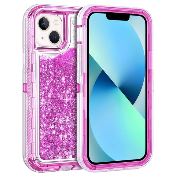 For Apple iPhone 14 6.1 inch Dual Layer Protective Shockproof Tough Defender Sparkling Liquid Glitter Heart Case Cover Pink