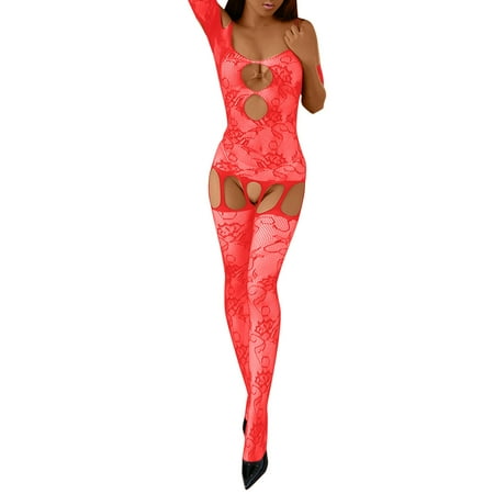 

Lingerie For Women Fashion Print Mesh 1 Pieces Socks Underwear Nightwear Red One Size