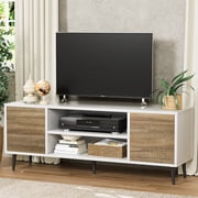 Furmax Mid-Century 2-Door TV Stand for TVs up to 65, White&Walnut