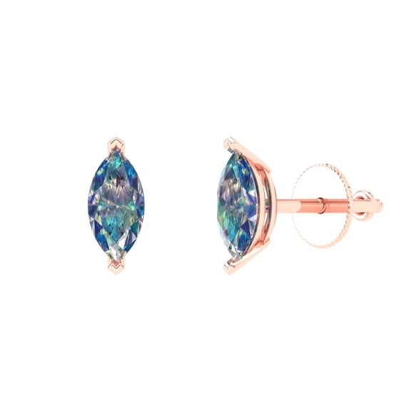 1 ct Screw-Back Stud Earrings for Women | 8x4mm Marquise Cut Blue Moissanite | 18K Rose Gold