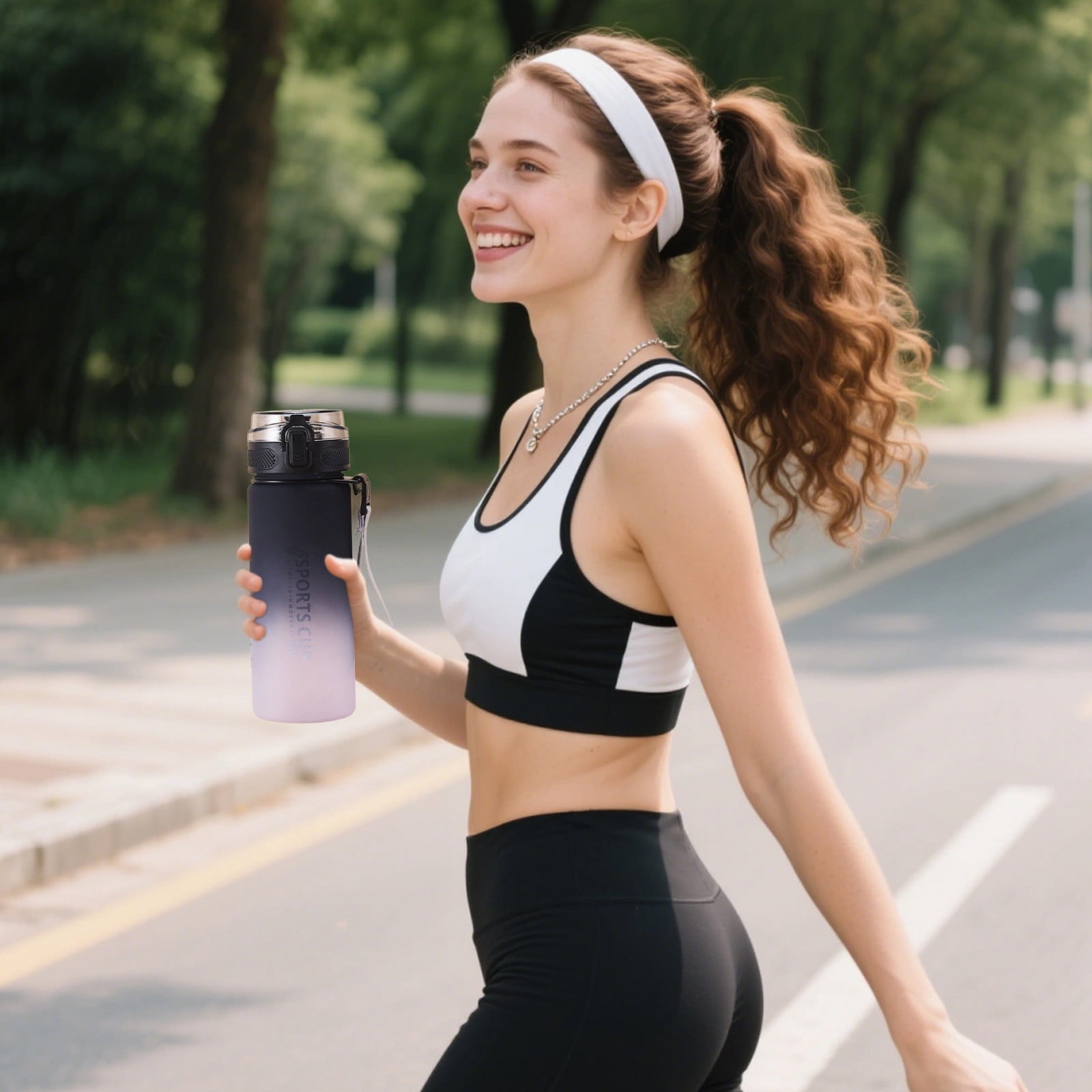 HOARBOEG Large Capacity Gradient Color Plastic Water Bottle with Strap Leakproof One-Touch Lid Portable Sports Drink Bottle for Fitness Gym Office Outdoor Activities