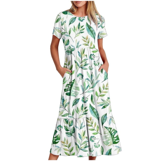Fankiway Robe Longue à Fleurs Imprimées à Manches Courtes et Col Rond pour Femmes Robes d'Été Grande Taille en Solde