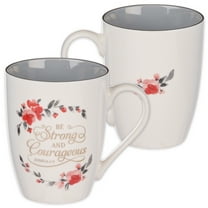Christian Art Gifts Encouraging Coffee & Tea Ceramic Scripture Mug for Women: Strong & Courageous Golden Inspirational Bible Verse, Cute Novelty Non-toxic Drinkware, White/Gray & Pink Floral, 12 oz.