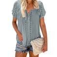 thumbnail image 4 of Pntutb Mujeres Sólido Cuello En V Encaje Crochet Ojal Manga Corta Camisas Casuales Blusas tops Pntutb Pntutb-5266, 4 of 6