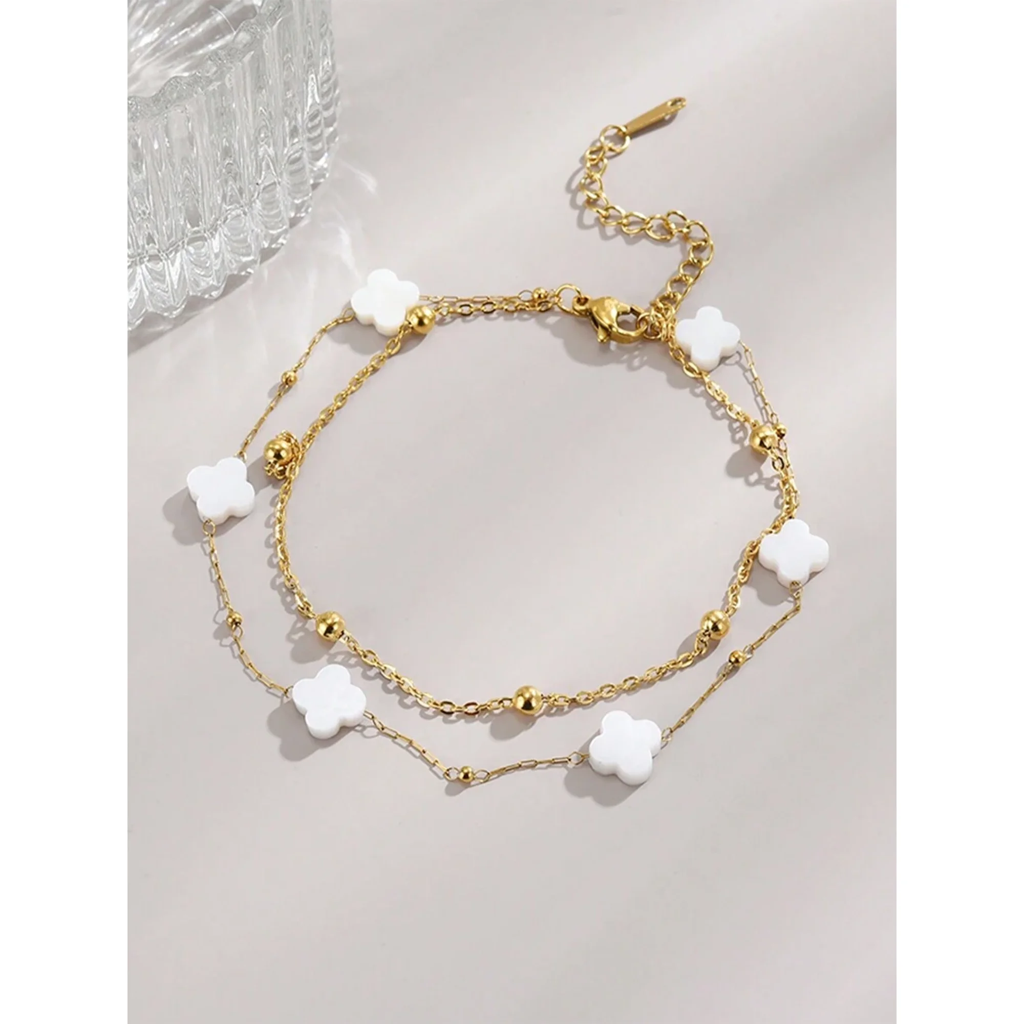 Double Strand White Clover Anklet in Yellow Gold-7 Finish