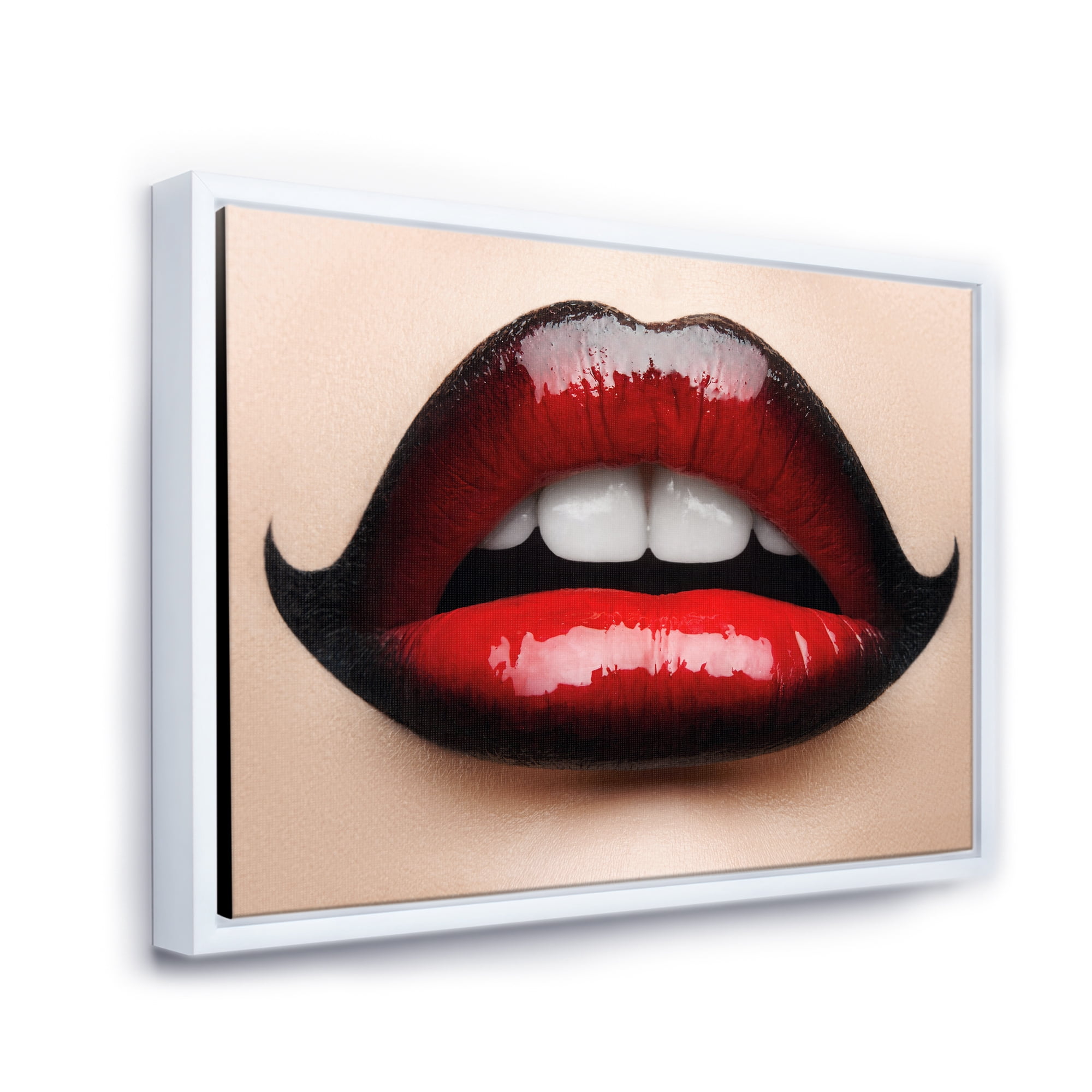 Designart 'Woman Lips With Red and Black Lipstick' Modern Framed Canvas Wall Art Print