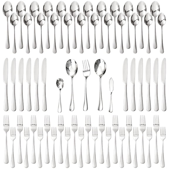 KINGSTONE 65-Pieces Silver Flatware Set for 12, Includes Serving Spoons & Forks, Food-Grade Stainless Steel Mirror Polished Silverware Cutlery Set, Dishwasher Safe