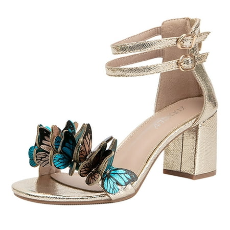 

Cathalem Women Butterfly Decoration Heels Sandals Casual Bling Rhinestone Strap Sandals Open Toe Slide Sandals Gold 41
