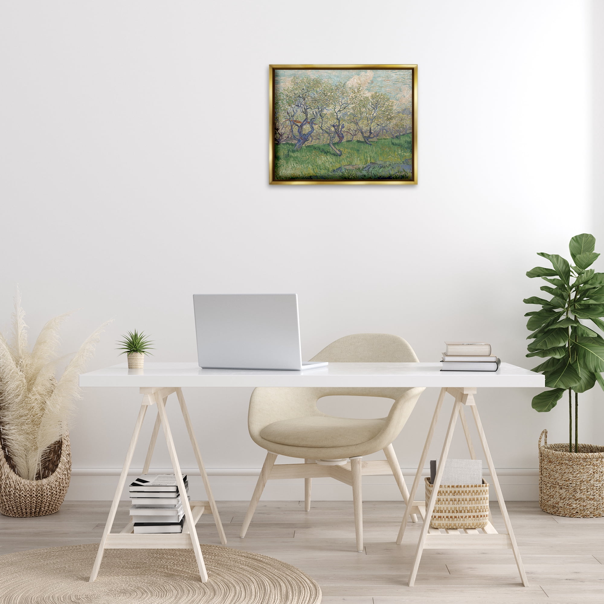 Stupell Industries Classic Van Gogh Blossoming Orchard Landscape & Nature Painting Gold Floater Framed Canvas Art Print Wall Art, 21 x 17
