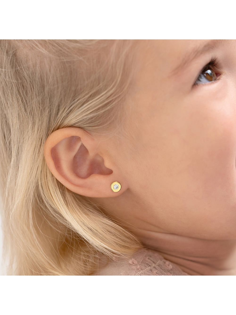14k Gold Round Bezel 4mm Kids / Children's / Girls Earrings Safety Screw Back