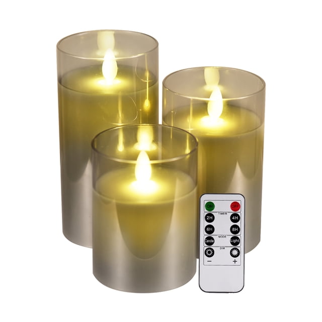 Mistaha 3Pack Flameless Flickering Candles Flickering LED Pillar Candles Battery Operated Glass Candles with Remote