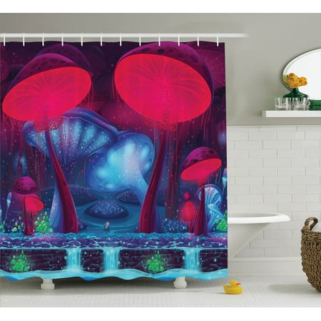 Mushroom Decor Shower Curtain Set Magic Mushrooms With Vibrant Neon Mushroom Decor Shower Curtain Set Magic Mushrooms With Vibrant Neon Lights Graphic Image Enchanted Forest