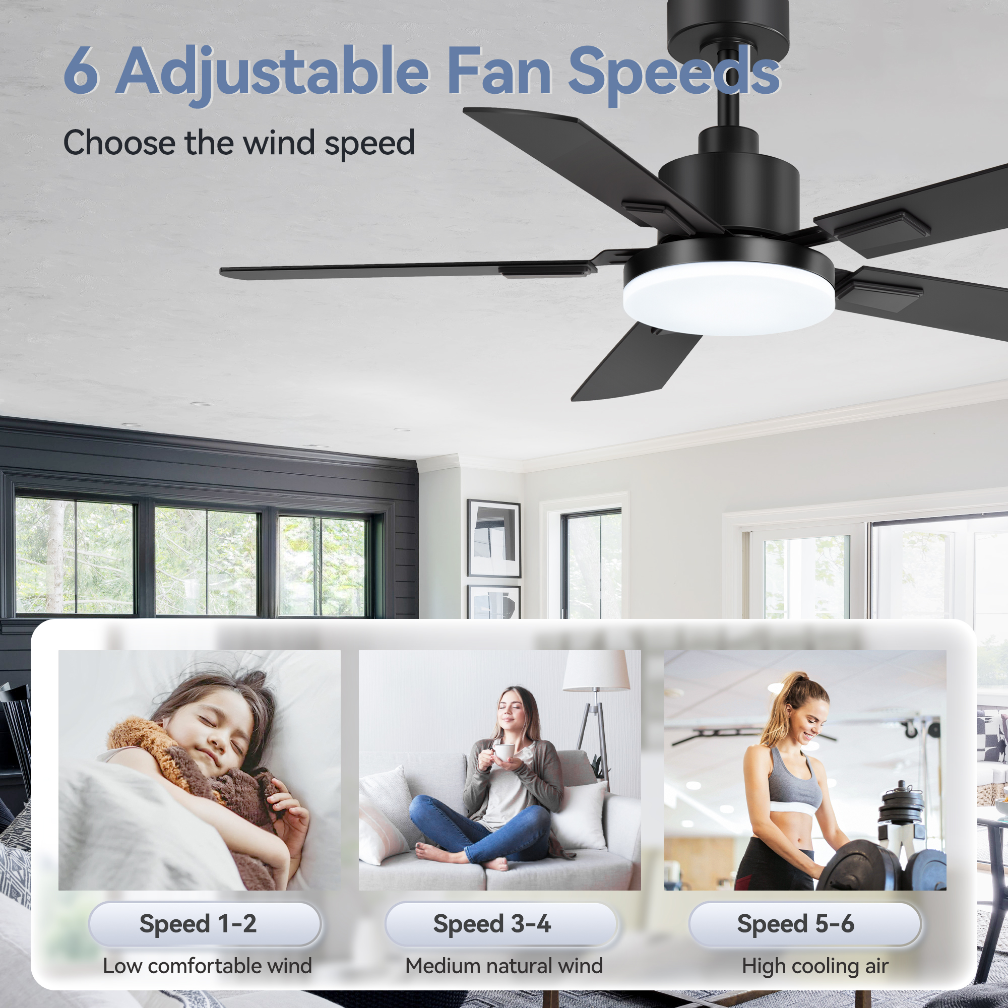 ALKAFY 48" Farmhouse Ceiling Fan with Light and Remote, 6-Speed Reversible DC Motor, LED Flush Mount Ceiling Fan for Bedroom, Black Modern Quiet Ceiling Fan with 5 Wood Blades