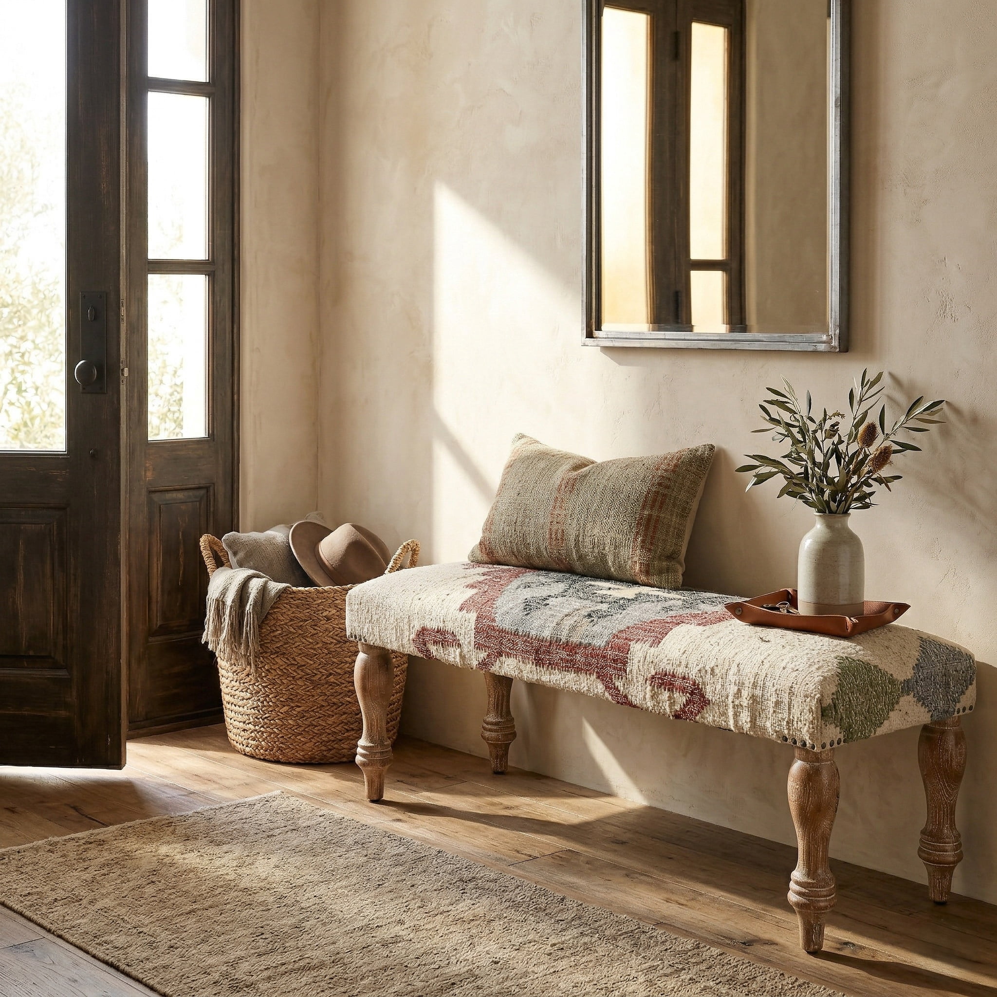 Ox Bay Hadley 47" Upholstered Indoor Accent Bench, Ivory/Red Kilim