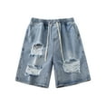 thumbnail image 5 of Jean Shorts Men Ripped Drawstring Stretch Elastic Waist Knee Length Denim Bermuda Shorts with Pockets Baggy Distressed Men's Denim Shorts, 5 of 5
