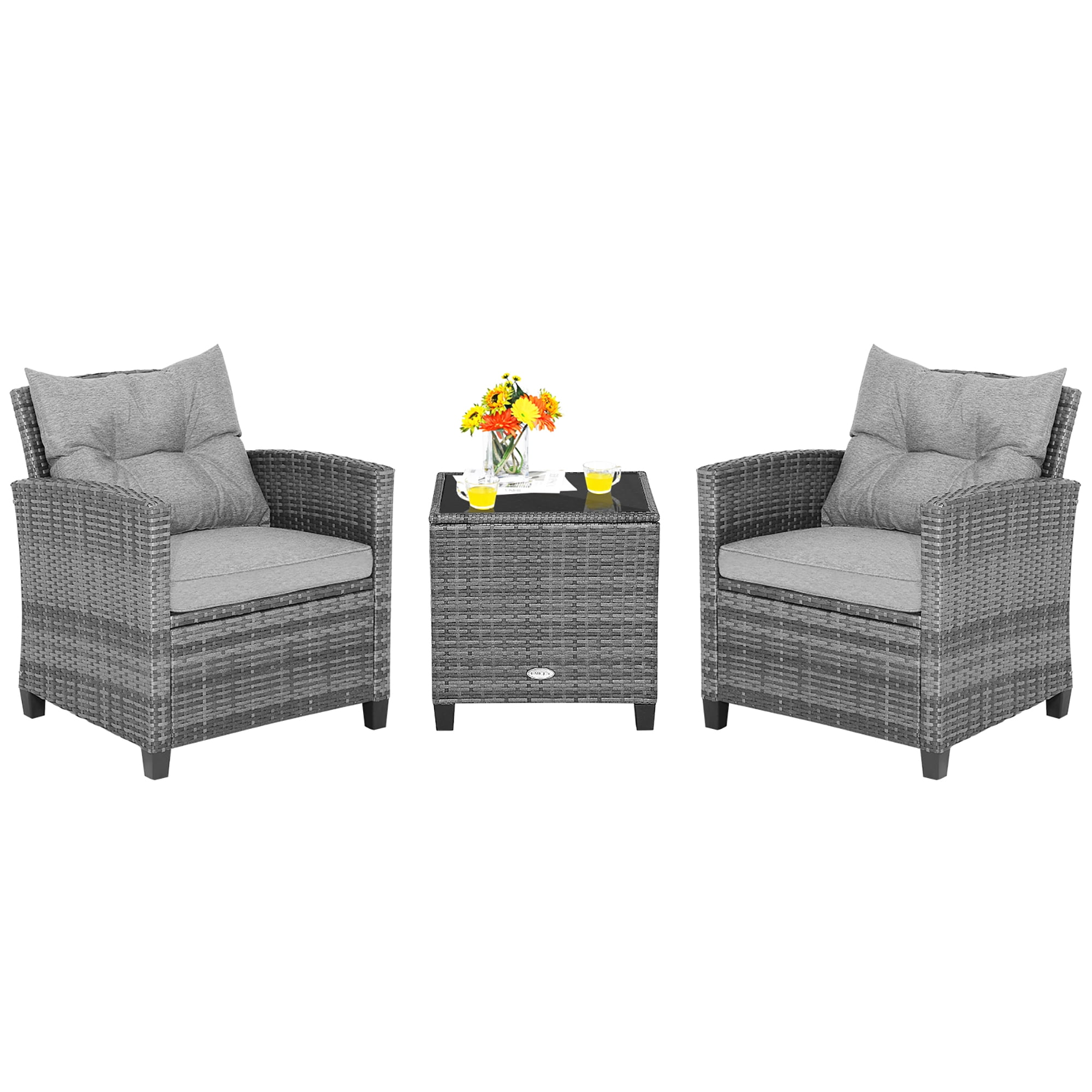 Costway 3PCS Patio Rattan Furniture Bistro Set  Cushioned Sofas Side Table Armrest Grey