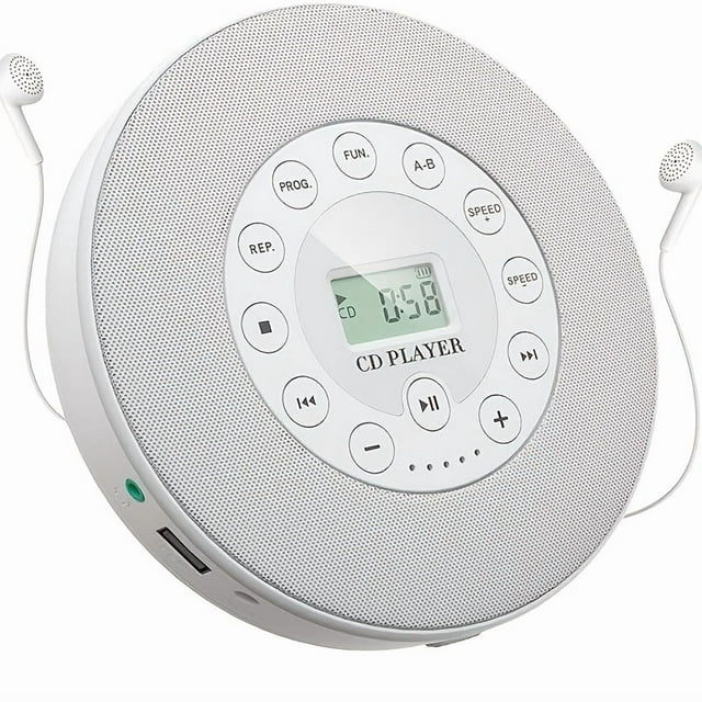 YOPTOP Lecteur CD Portable Multifonction - Réglage de Vitesse de Lecture Rechargeable, Répétition A-B, Sortie USB AUX, Haut-Parleur Stéréo, Blanc
