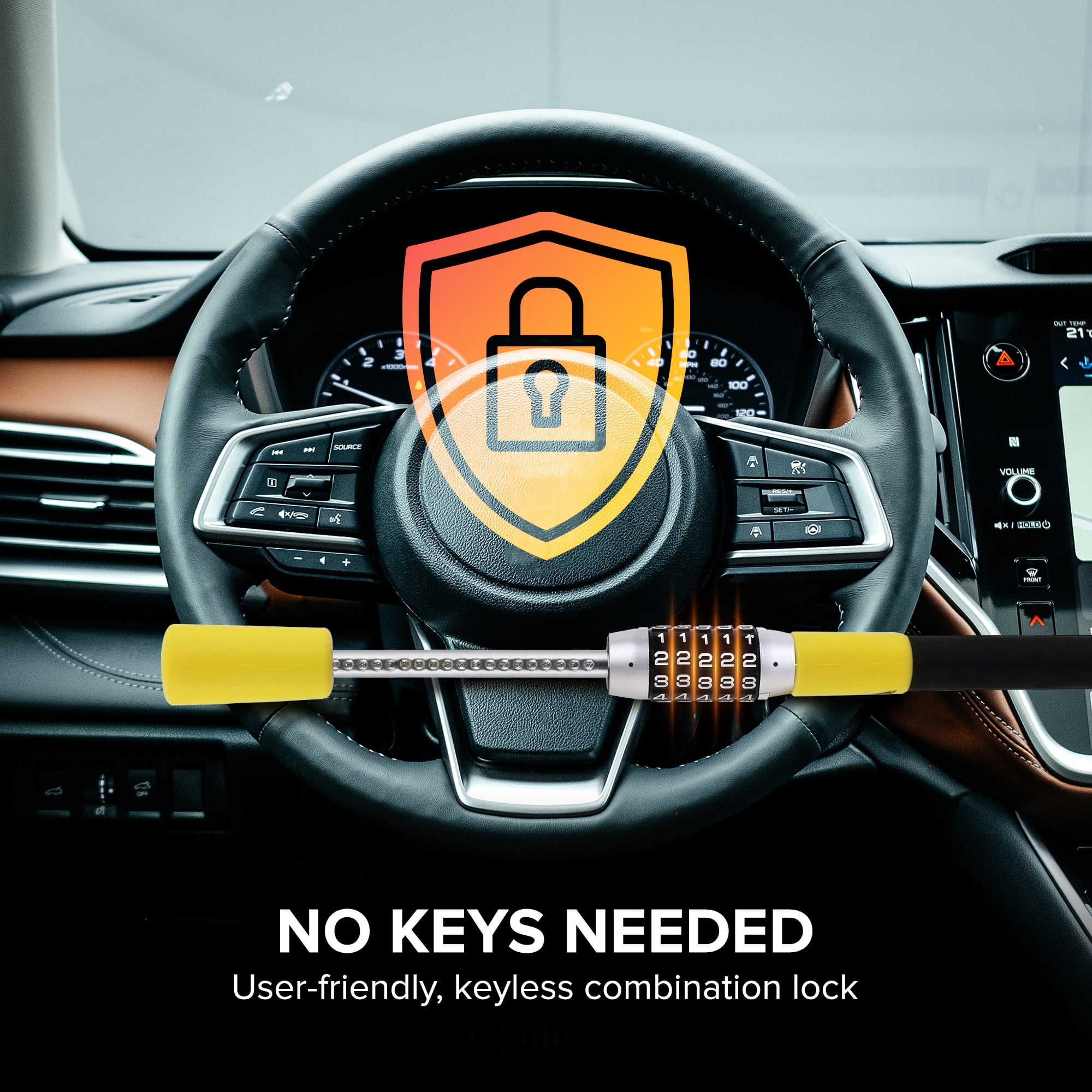 Armor All Combination Steering Wheel Lock, Keyless 5-Digit Anti-Theft Car Security Bar, Universal Fit for Cars, SUVs, Vans & Trucks, Yellow