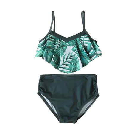 

Toddler Summer Girls Green Leaves Printed Vacation Style Two Piece Swimwear Swimsuit Bikini