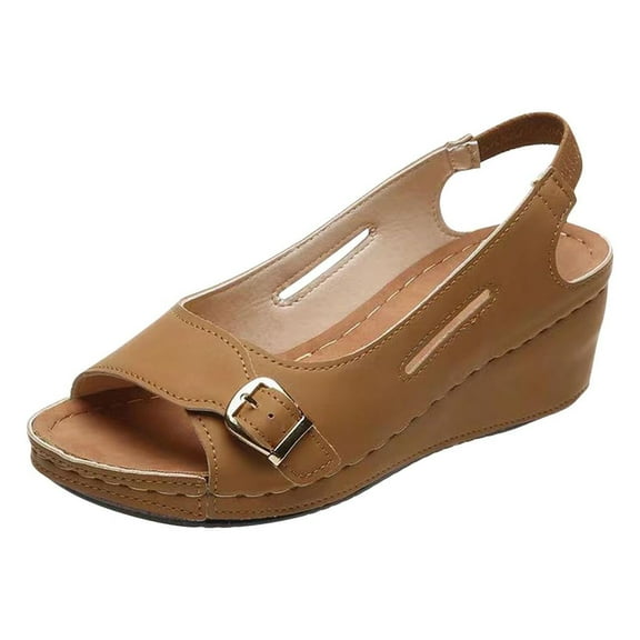 Juebong Women's Vintage Buckle Wedge Heel Open Toe Low Fish Mouth Roman Sandals,Khaki Size 4.5