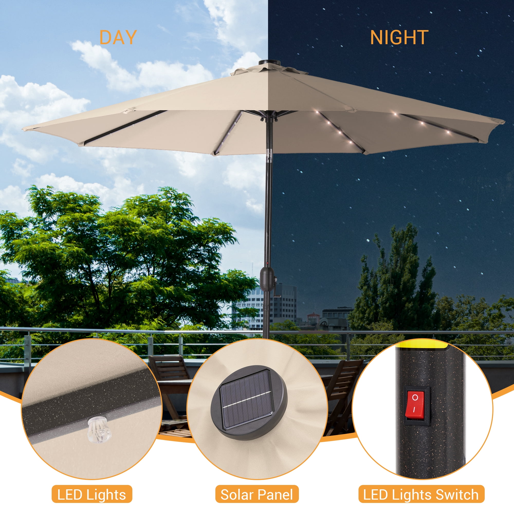 ACEGOSES 10Ft Solar-powered Large Round Outdoor Patio Market Umbrella with Crank, Beige