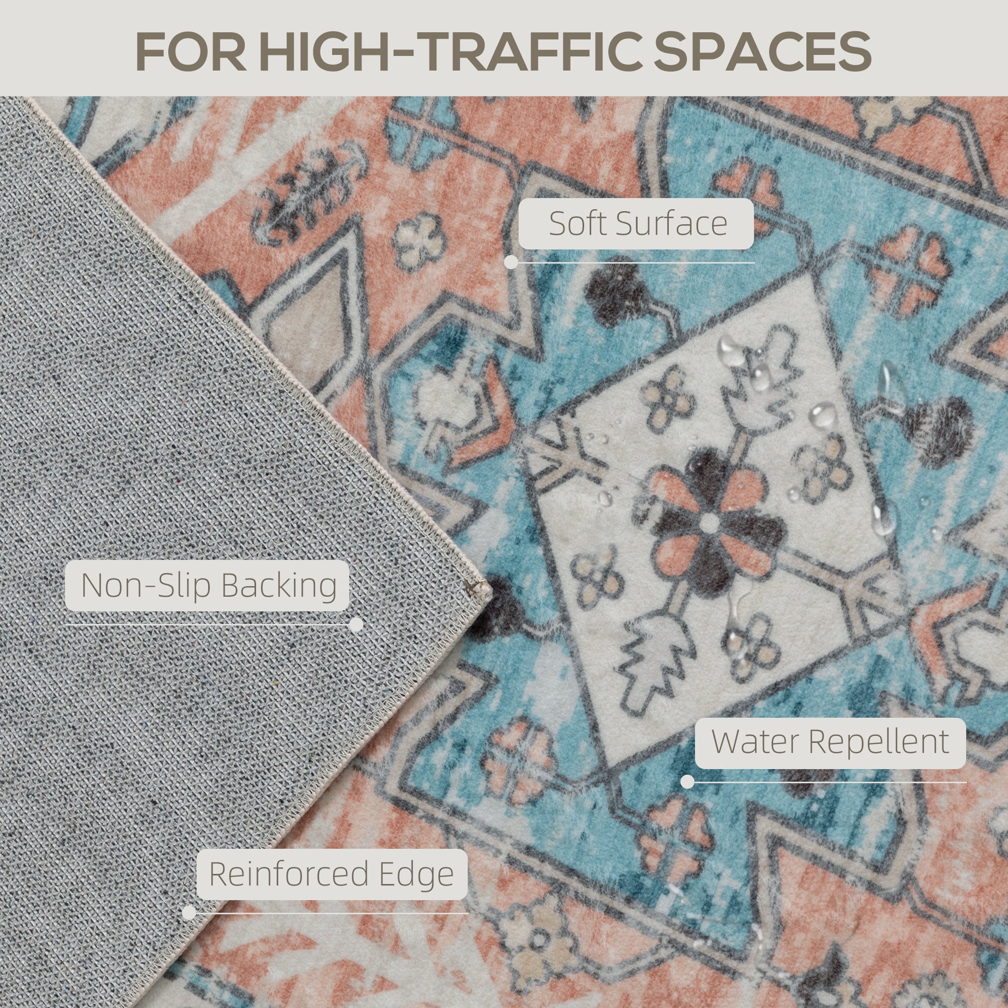 HOMCOM 8x10 Area Rug, Vintage Machine Washable Rug for Bedroom, Brown Blue