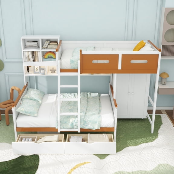 Twin Over Full Wooden Bunk Bed with Wardrobe, Drawers, Shelves and LED light(White Orange)