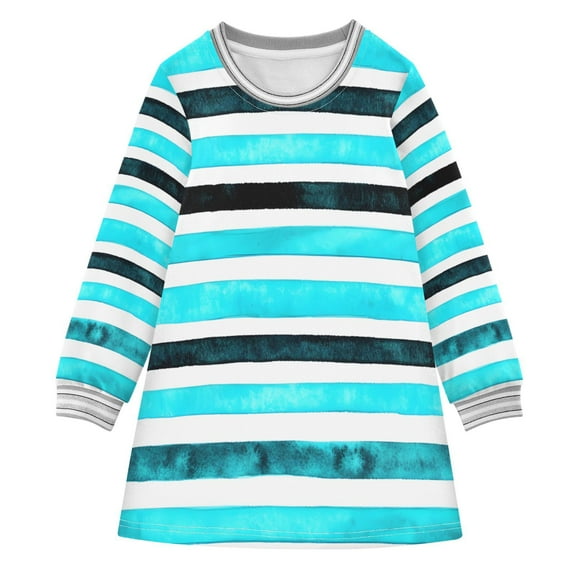 Teal Stripes Girls'long-sleeved dress Thickened A-dress Warm Dress Basic Shirt Party Dresses