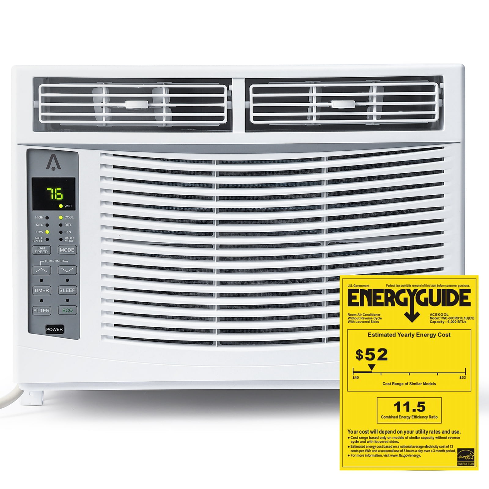 WhizMax 115V WindowMounted Air Conditioner 6,000 BTU with Remote/APP