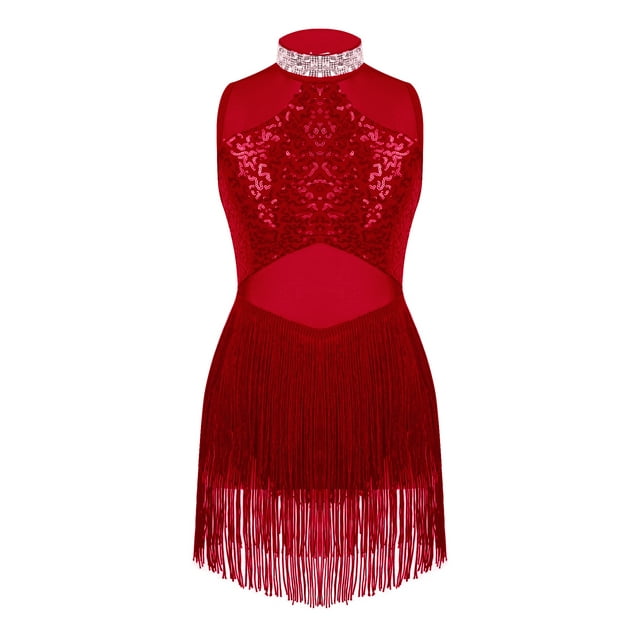 Runhomal Justaucorps de Ballet Sans Manches à Paillettes pour Filles, Robe à Franges, Style Latin Moderne Jazz Tango Rumba Salsa, Bourgogne 12