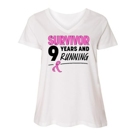 

Inktastic Breast Cancer Survivor 9 Years and Running with Pink Ribbon Women s Plus Size V-Neck