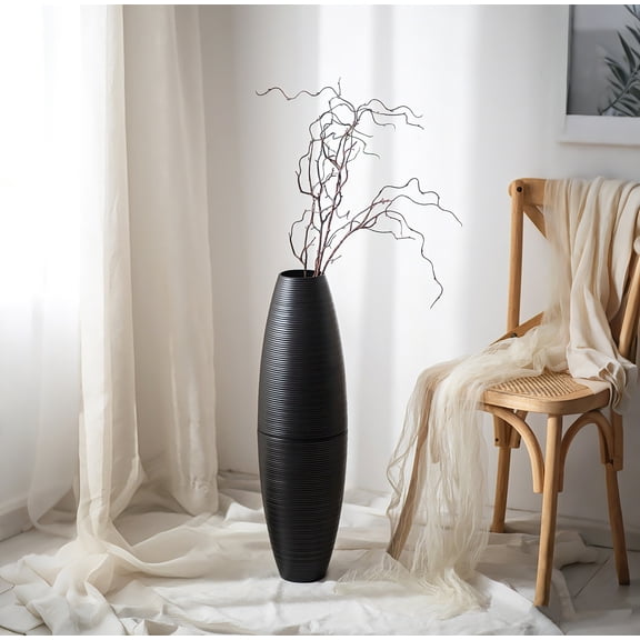 Sziqiqi 27.5" Modern Black Tall Floor Vase: Metal Detachable Ribbed Design for Pampas Grass Fake Dried Flowers Gift for Living Room Fireplace Entryway Office Indoor Home Decor