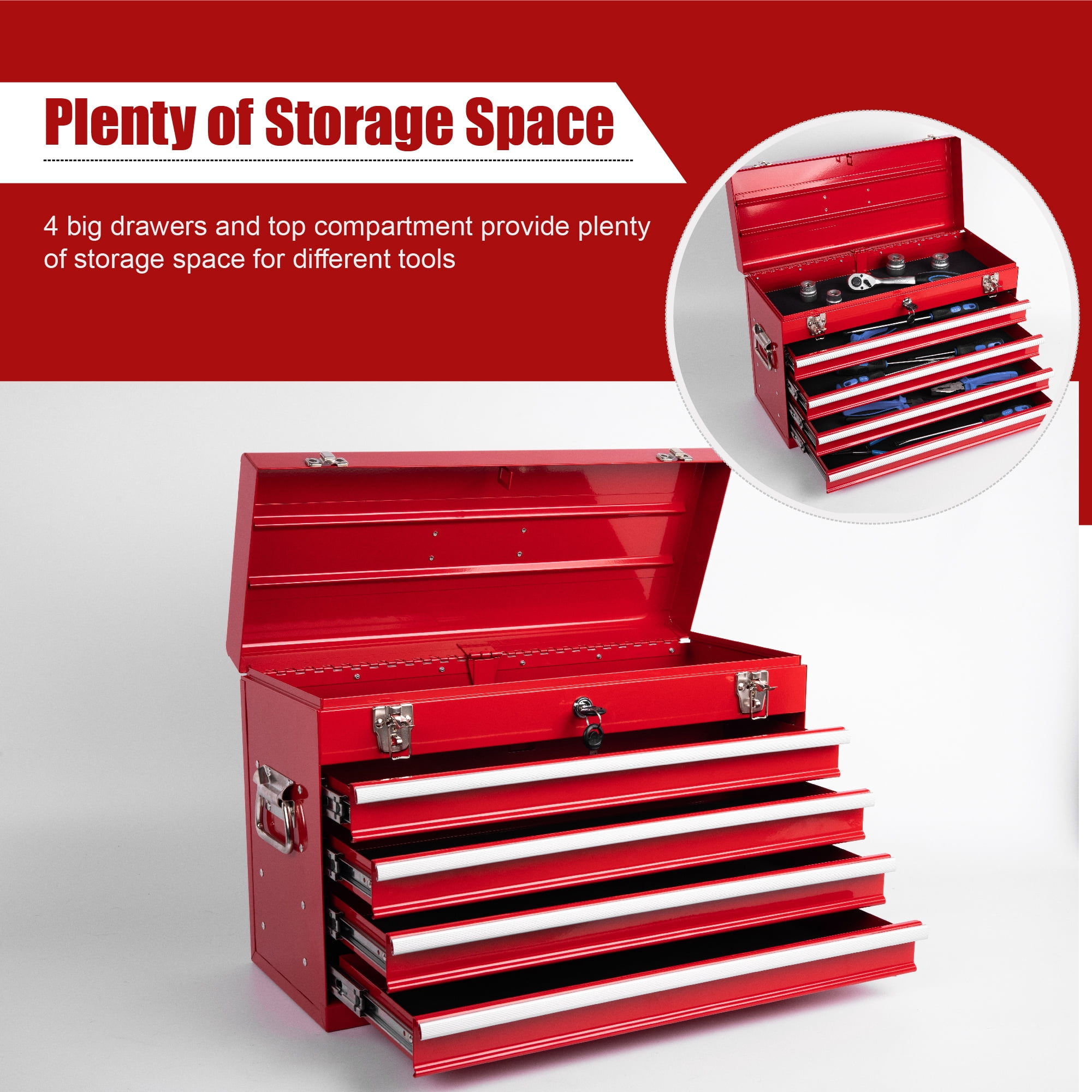 Aukfa Tool Box, 21 in Steel 4-Drawer Toolbox with Automatic Lock System for Garage, Red