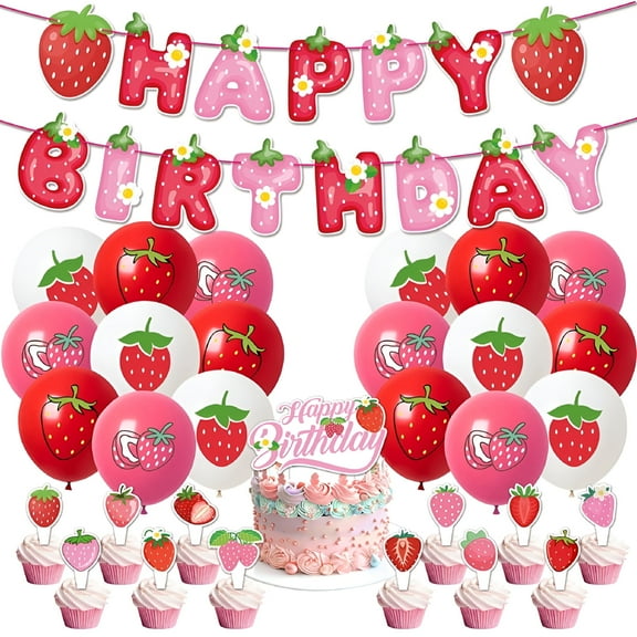 CCOCC Strawberry Themed Birthday Party Decorations Include Strawberry Happy Birthday Banner,Strawberry Cupcake Cake Toppers and Strawberry Balloons for Kids Girl Party Supplies