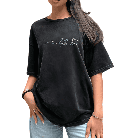 Water Washed Coastal Turtle Graphic Print Tshirt Graphic Tees Shirts Charcoal Black S-2XL Soft Casual Daily Tops