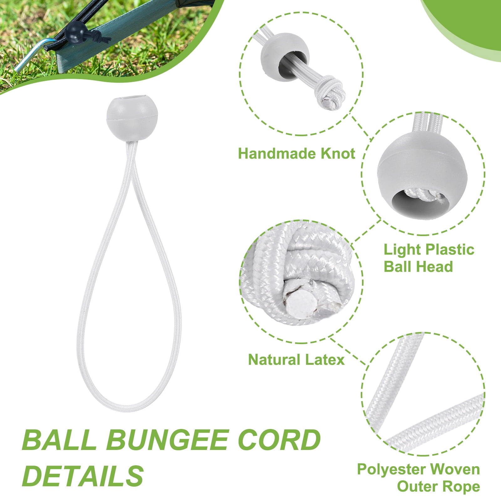 Ball Bungee Cord 8 Inch, 50 Pcs Bungee Cords with Balls Canopy Tarp Tie Downs Cords Elastic String for Outdoor Camping Cargo Shelter Tent Poles, White