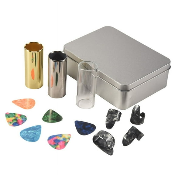 Guitar Slide Set Of 1 Glass Slide, 1 Steel Slide and 1 Brass Guitar Slide, 6 Pcs Guitar Picks and 4 Finger Picks