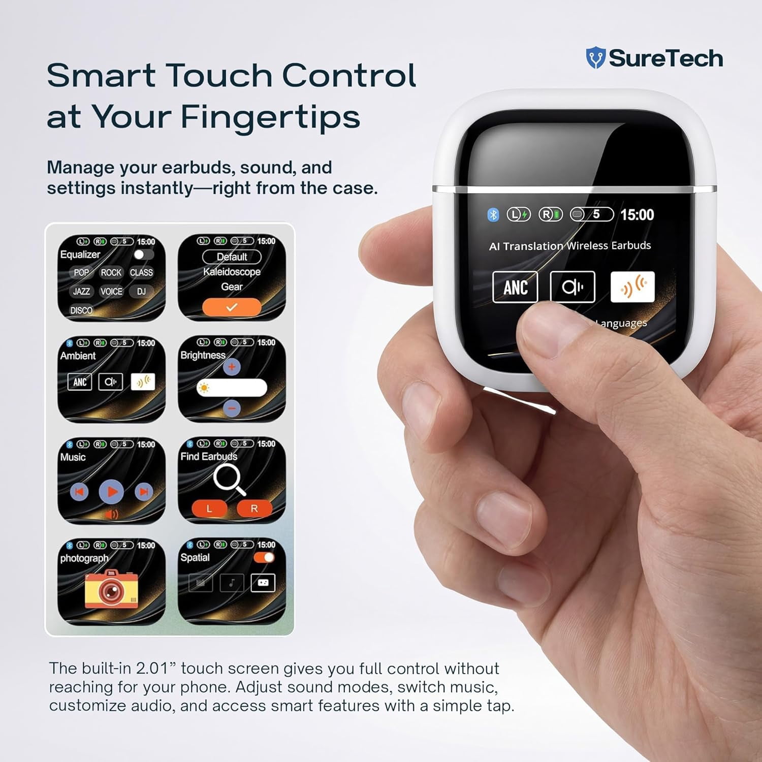 SureTech ANC/ENC Wireless Earbuds - 60 Hours Battery Life, AI Translation, Bluetooth 6.0, Touch Control, Waterproof, Charging Case with Silicone Tips