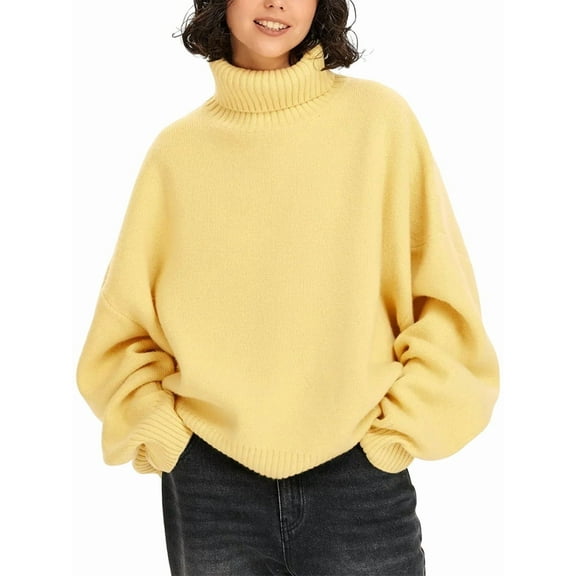 Womens Oversized Tunic Sweaters Crew Neck Long Sleeve Fall Casual Slouchy Knit Pullover Tops Lemon Yellow One Size