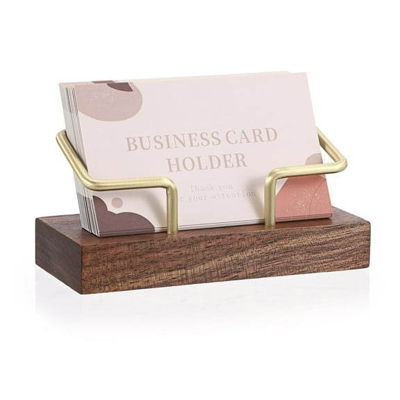 SIISLL Wooden Business Card Holder for Desk - Elegant Walnut & Gold Metal Card Display Stand - Stylish Tabletop Business Card Holder for Professionals, Reception, Meetings Office Desk Organizer