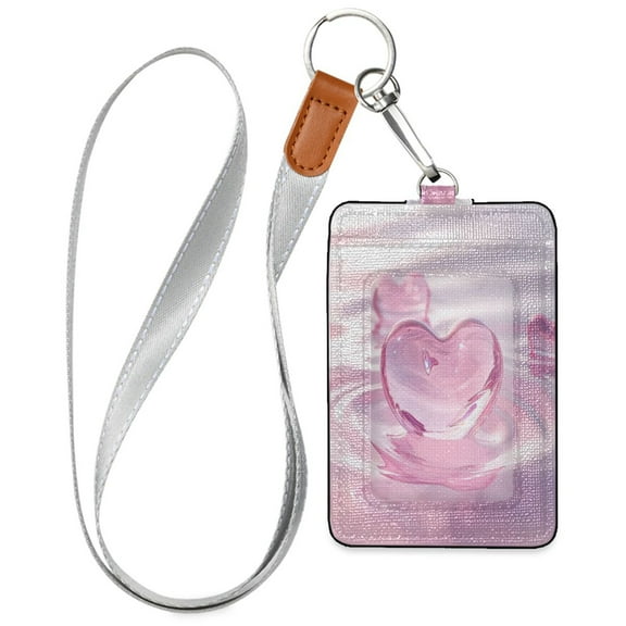 PU Leather ID Badge Holder Stylish Badge Holders with Lanyard (4.3x2.8x0.3in) for Cards & Credentials Pink Heart-shaped Glass