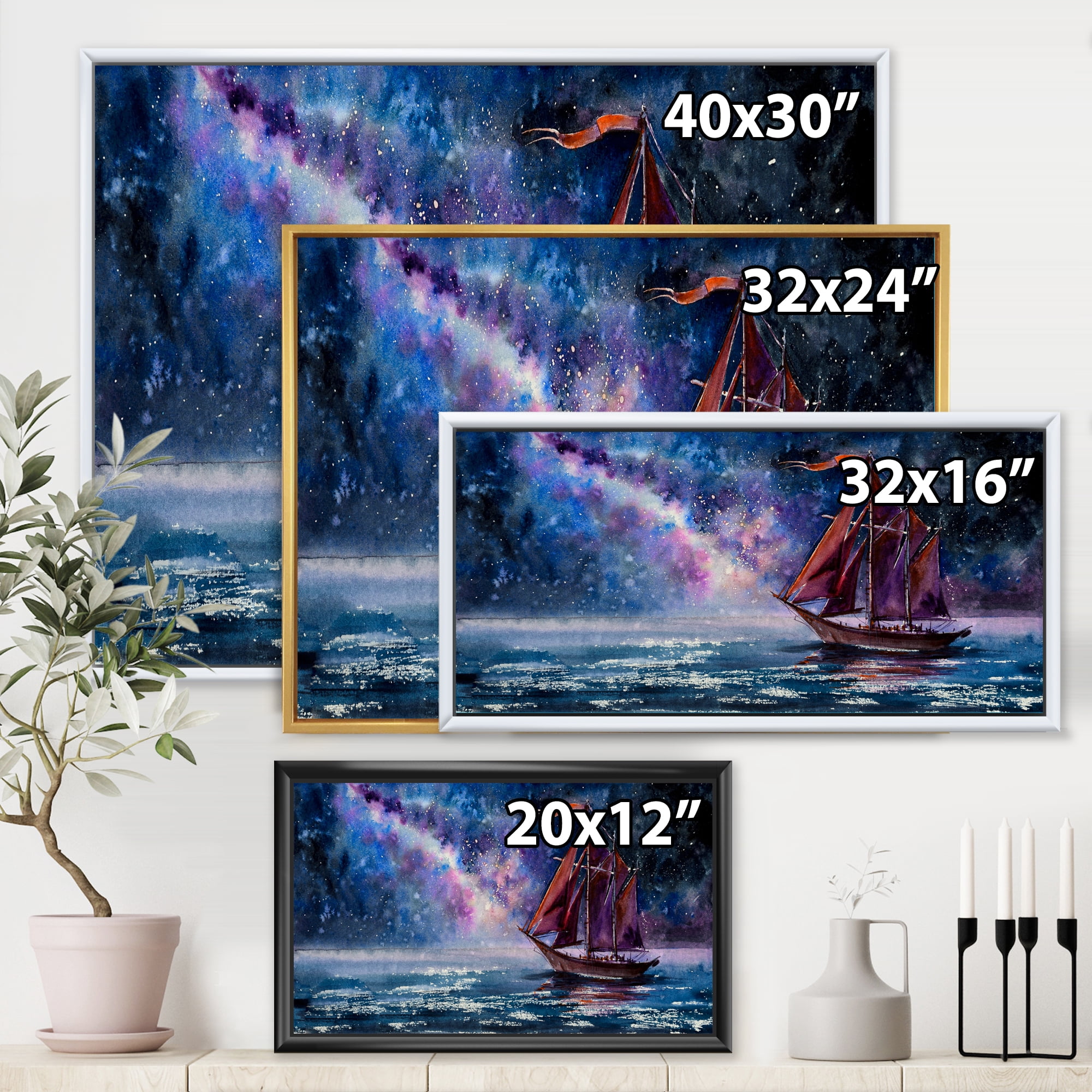 Designart 'Red Sails & Bright Night Sky With Wooden Sailboat' Nautical & Coastal Framed Canvas Wall Art Print