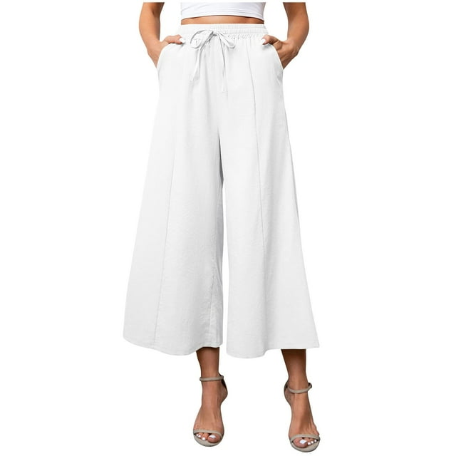Yuyuzo Wide Leg Pants for Women Summer Drawstring High Waist Solid Color Capri Trousers with Pockets